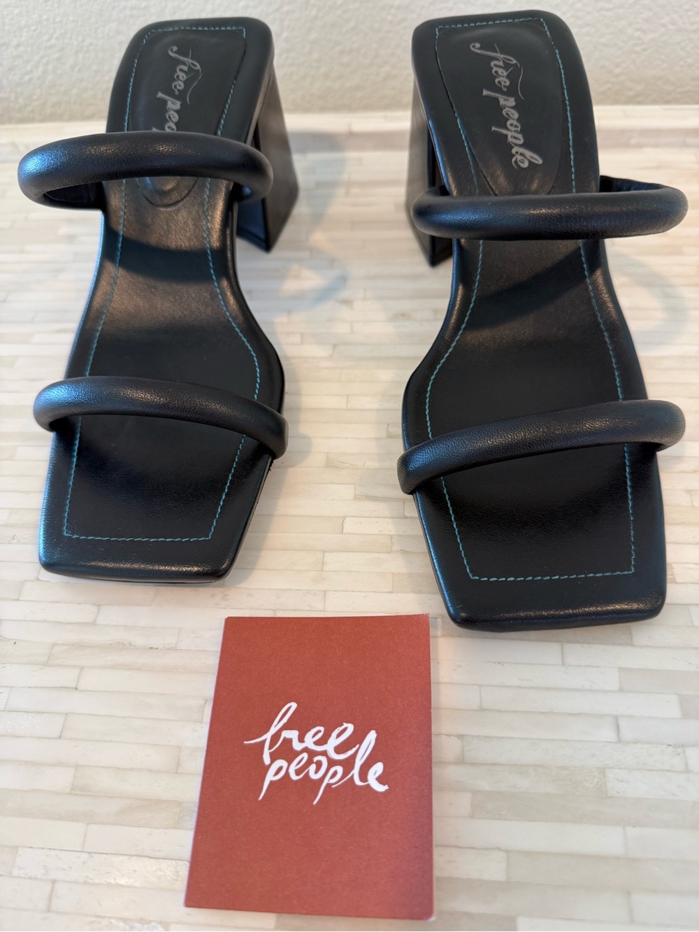 Free People Black Square-Toe Double-Strap Block Heels